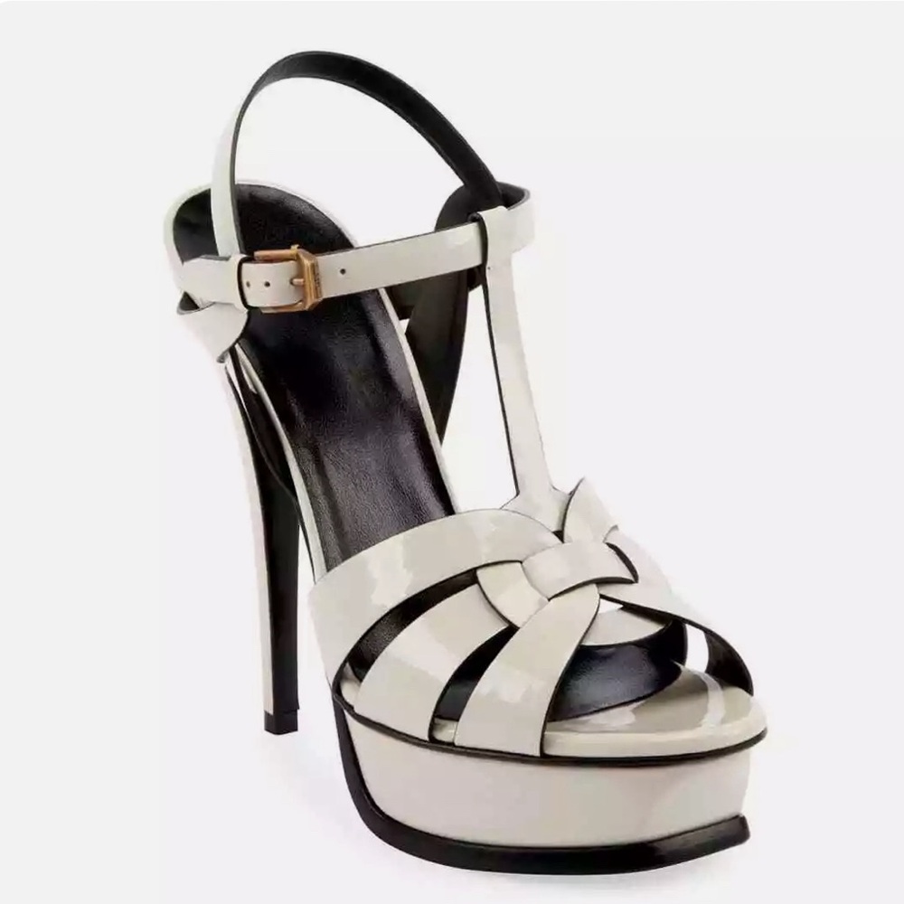 Saint Laurent patent leather color block T strap tribute heels authentic 6.5